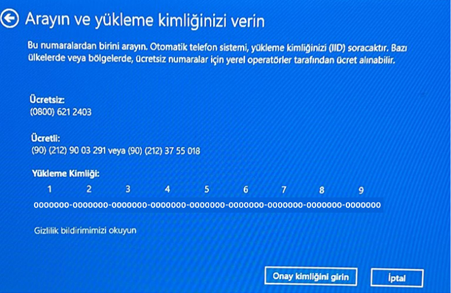 Windows yükleme kimliği ekranı, 1-9 kutucuklar (Installation ID)