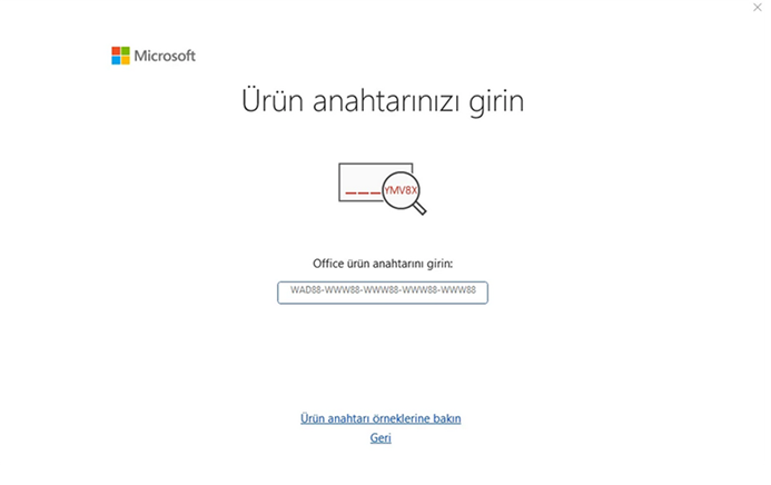 Office ürün anahtarı girme ekranı