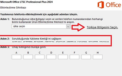 Office yükleme kimliği ekranı (Installation ID)